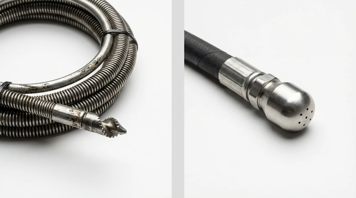 Drain snake cable and hydro jetting nozzle used for drain cleaning in Holden, ME