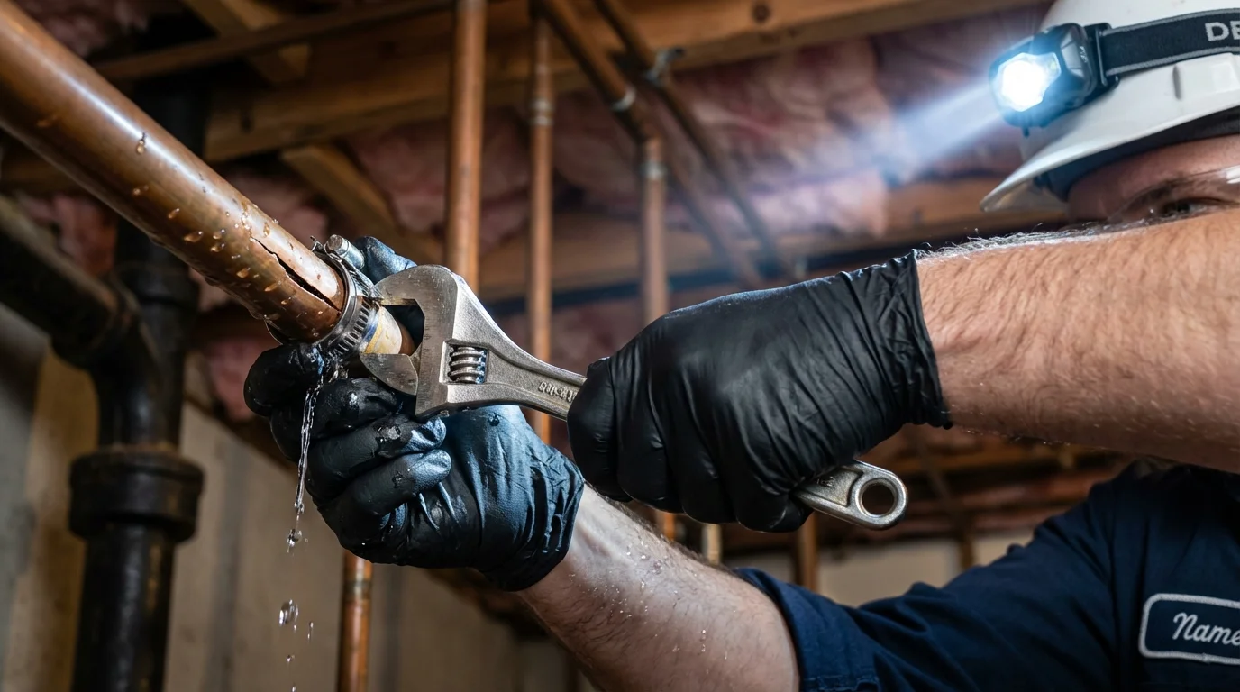 Emergency pipe clamp repair being performed by a Johns Plumbing LLC plumber in Holden