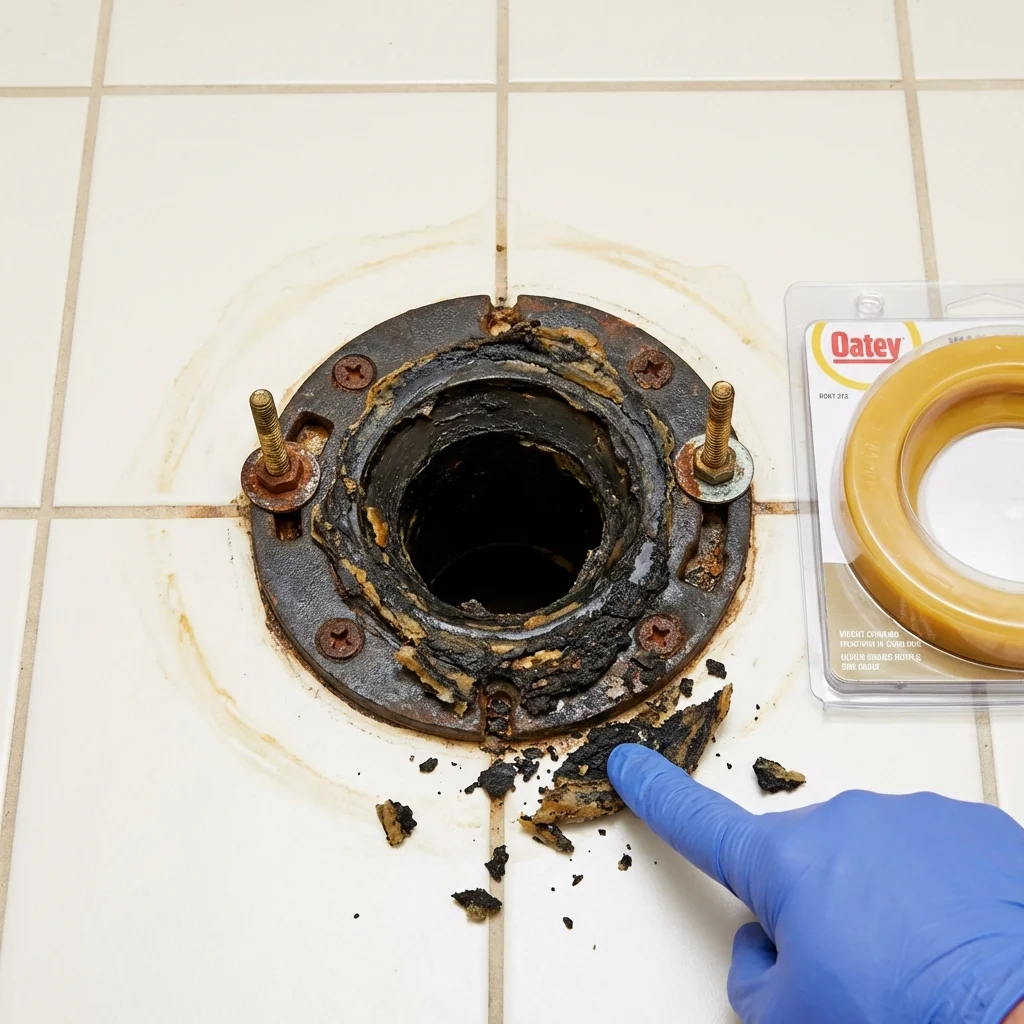 Failed wax ring showing water seepage at the base of a toilet in a Holden, ME home