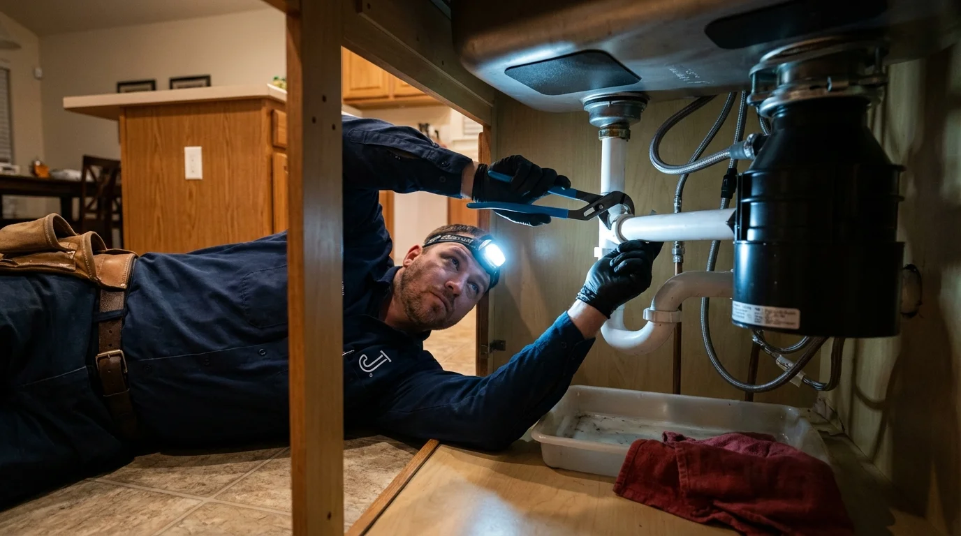 P-trap and supply line connections under a kitchen sink showing a common leak point in Holden, ME